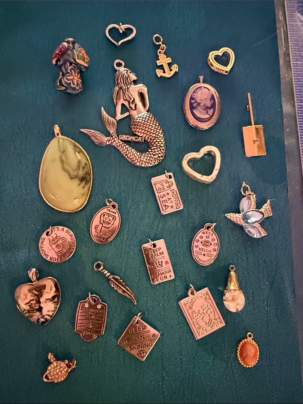 Assorted Gold-Tone Charm Pendant Set - Mermaid, Heart & Cameo